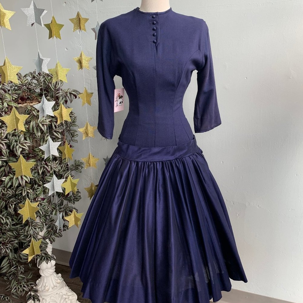 1950s Navy Dropped Waist Dress by "Junior House"
